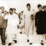 Governor General Khawaja Nazimuddin, Prime Minister Liaquat Ali Khan and Syed Hashim Raza at the Mazar of the Quaid-i-Azam on his first death anniversary on 11 September 1949